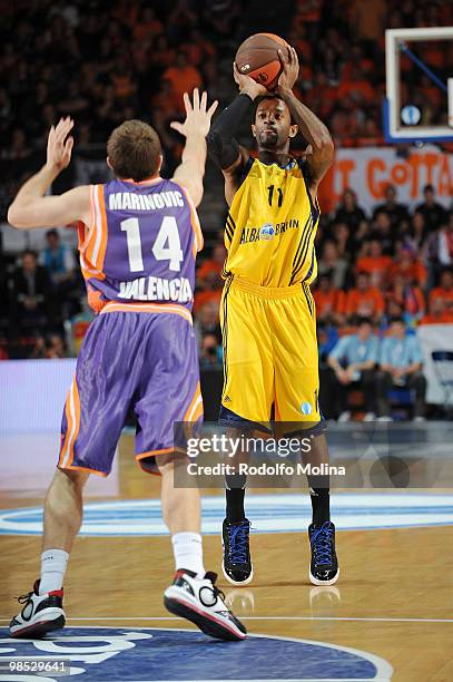 Julios Jenkins, #11 of Alba Berlin in action during the Alba Berlin vs Power Electronics Valencia Final Game at Fernando Buesa Arena on April 18,...