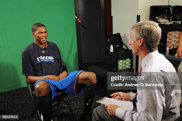 Kevin Durant of the Oklahoma City Thunder answers questions from ESPN's Mike Breen before a game against the Los Angeles Lakers in Game One of the...