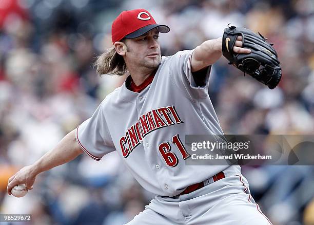 Bronson Arroyo of the Cincinnati Reds pitches against the Pittsburgh Pirates during the game on April 18, 2010 at PNC Park in Pittsburgh,...