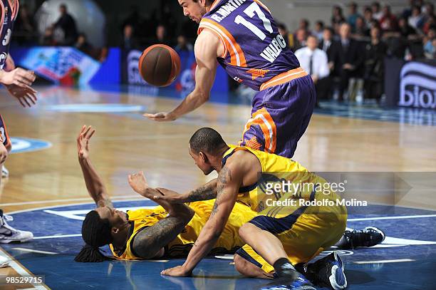 Rashad Wright, #12 of Alba Berlin and Immanuel McElroy, #23 competes with Rafa Martinez, #17 of Power Electronics Valencia during the Alba Berlin vs...