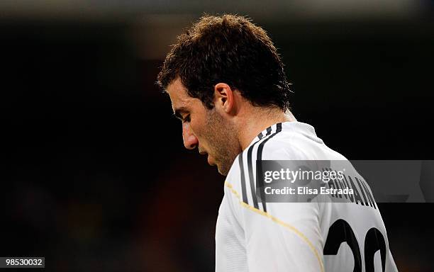 Gonzalo Higuain of Real Madrid in action during the La Liga match between Real Madrid and Valencia at Estadio Santiago Bernabeu on April 18, 2010 in...