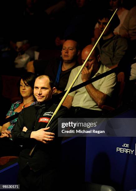 Joe Perry of England smiles during the Betfred.com World Snooker Championships at the Crucible Theatre on April 18, 2010 in Sheffield, England.