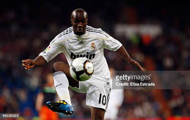 Lassana Diarra of Real Madrid in action during the La Liga match between Real Madrid and Valencia at Estadio Santiago Bernabeu on April 18, 2010 in...
