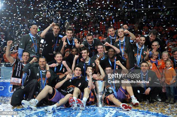 Players of Power Electronics Valencia celebrate at the Champion Award Ceremony at Fernando Buesa Arena on April 18, 2010 in Vitoria-Gasteiz, Spain.