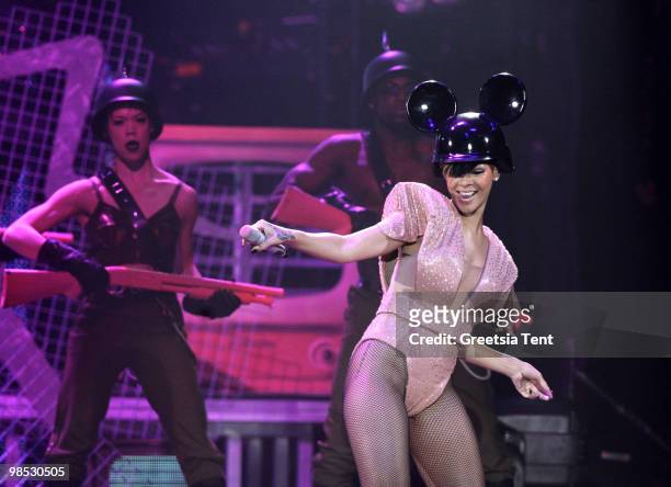 Rihanna performs live at Gelredome on April 17, 2010 in Arnhem, Netherlands.