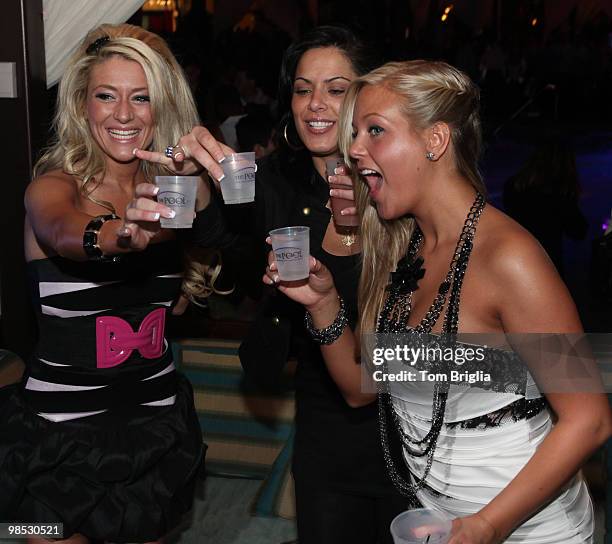 Actresses Kate, Flo and Lexie from the The Bad Girls TV show on Oxygen Network visit the Pool Harrah's Resort on April 17, 2010 in Atlantic City, New...