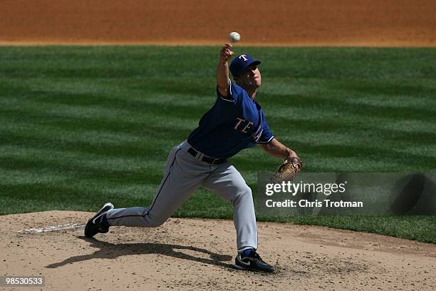 Starting pitcher Rich Harden of the Texas Rangers pitches against the New York Yankees on April 18, 2010 at Yankee Stadium in the Bronx borough of...