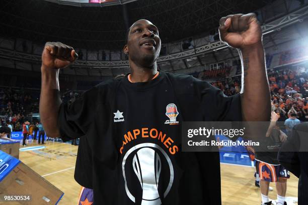 Florent Pietrus, #20 of Power Electronics Valencia celebarates before the Champion Award Ceremony at Fernando Buesa Arena on April 18, 2010 in...
