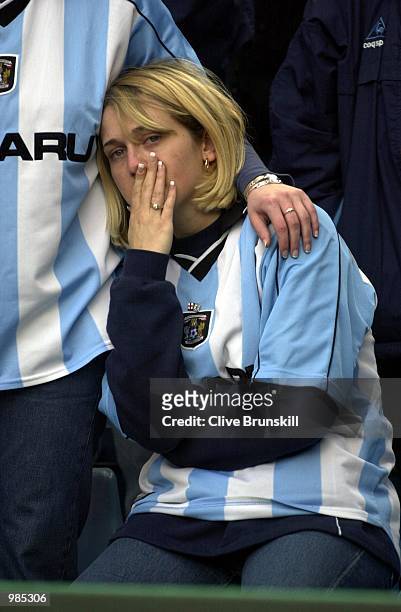 Coventry fan mourns their relegation to the First Division after 33 years during the FA Carling Premier League game between Aston Villa and Coventry...