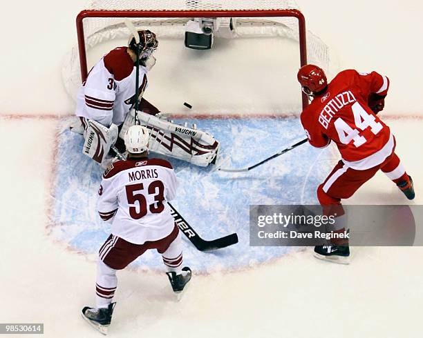 Valtteri Filppula the Detroit Red Wings scores on Ilya Bryzgalov of the Phoenix Coyotes during Game Three of the Eastern Conference Quarterfinals of...