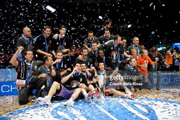 Power Electronics Valencia team pose with the Eurocup trophy during the Champion Award Ceremony at Fernando Buesa Arena on April 18, 2010 in...