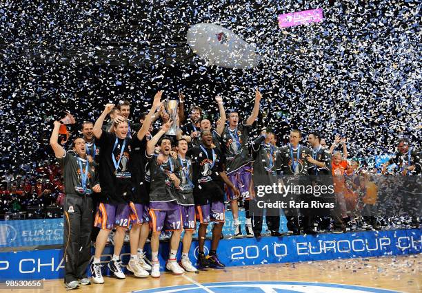 Power Electronics Valencia team pose with the Eurocup trophy during the Champion Award Ceremony at Fernando Buesa Arena on April 18, 2010 in...