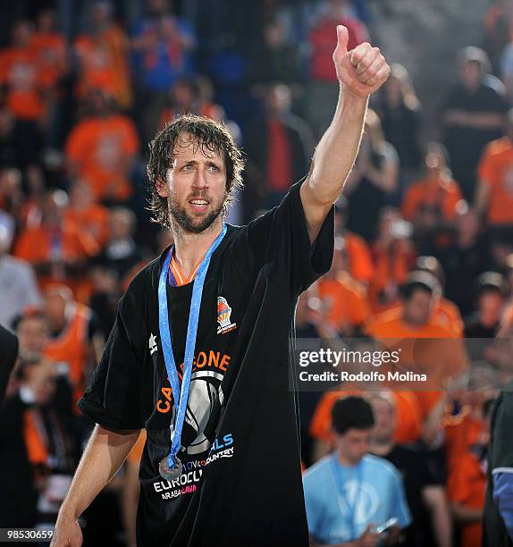 Matt Nielsen, #44 of Power Electronics Valencia celebrates during the Champion Award Ceremony at Fernando Buesa Arena on April 18, 2010 in...