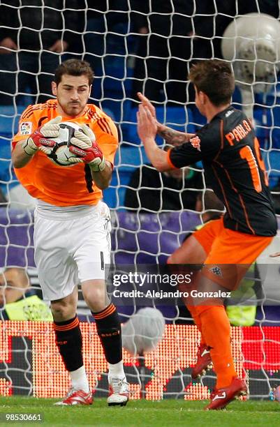 Iker Casillas of Real Madrid in action during the La Liga match between Real Madrid and Valencia at Estadio Santiago Bernabeu on April 18, 2010 in...