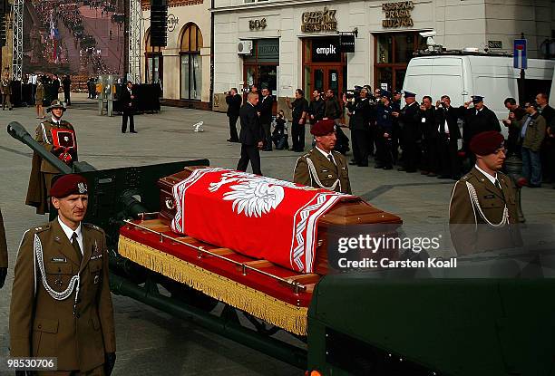 Religious and military procession transports the coffin of late Polish President Lech Kazcynski from the St Mary's Basilica to the castle Wawel...