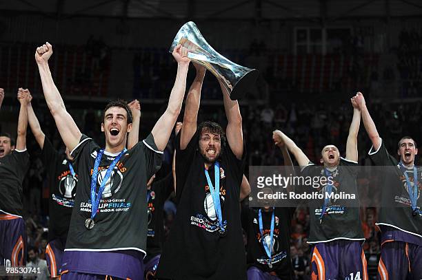 Victor Claver of Power Electronics Valencia and Matt Nielsen celebrate with the trophy during the Champion Award Ceremony at Fernando Buesa Arena on...