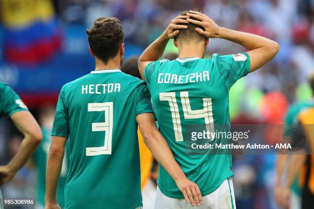 Leon Goretzka of Germany and Jonas Hector of Germany look dejected at the end of the 2018 FIFA World Cup Russia group F match between Korea Republic...
