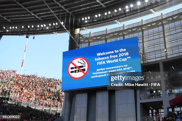 General view of the big screen during the 2018 FIFA World Cup Russia group F match between Mexico and Sweden at Ekaterinburg Arena on June 27, 2018...