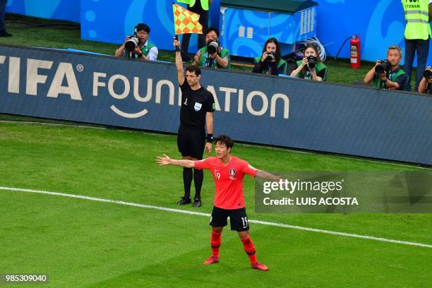 South Korea's defender Kim Young-gwon reacts after an offside flag during the Russia 2018 World Cup Group F football match between South Korea and...