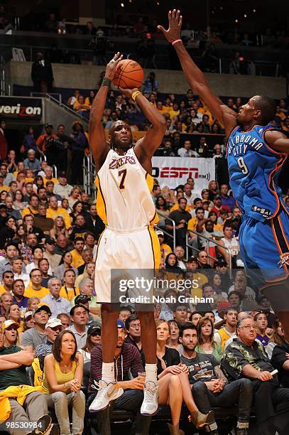 Lamar Odom of the Los Angeles Lakers shoots against Serge Ibaka of the Oklahoma City Thunder in Game One of the Western Conference Quarterfinals...