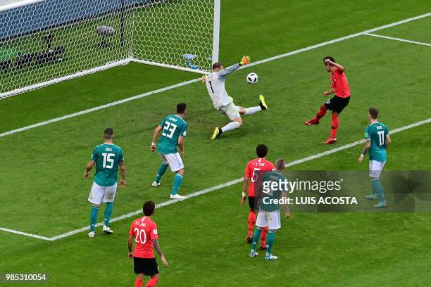 South Korea's defender Kim Young-gwon shoots to score past Germany's goalkeeper Manuel Neuer during the Russia 2018 World Cup Group F football match...