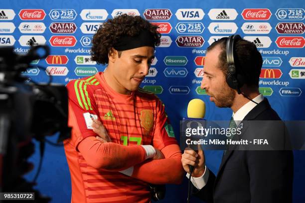 Guillermo Ochoa of Mexico talks to media following the 2018 FIFA World Cup Russia group F match between Mexico and Sweden at Ekaterinburg Arena on...