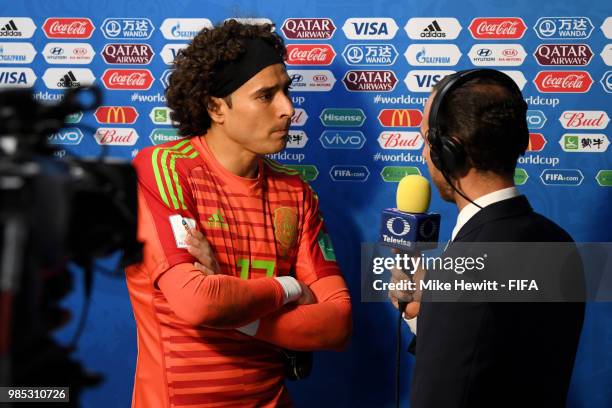 Guillermo Ochoa of Mexico talks to media following the 2018 FIFA World Cup Russia group F match between Mexico and Sweden at Ekaterinburg Arena on...