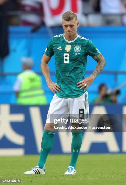 Toni Kroos of Germany looks dejected following his sides defeat in the 2018 FIFA World Cup Russia group F match between Korea Republic and Germany at...