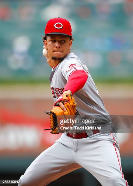 Billy Hamilton of the Cincinnati Reds pitches in the first inning of an MLB game against the Atlanta Braves at SunTrust Park on June 27, 2018 in...