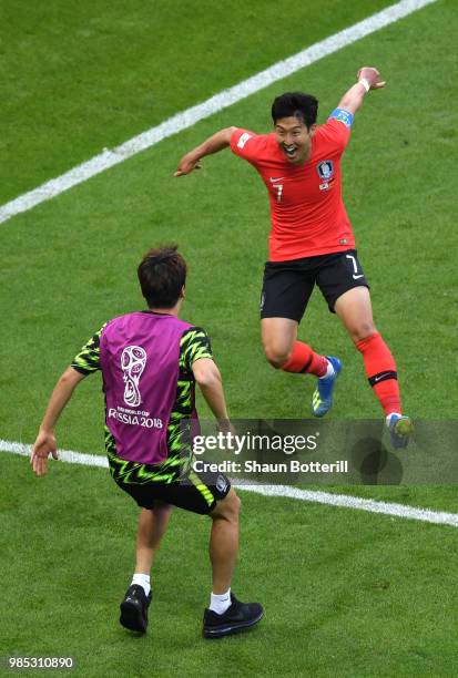 Son Heung-Min of Korea Republic celebrates scoring his sides second goal during the 2018 FIFA World Cup Russia group F match between Korea Republic...