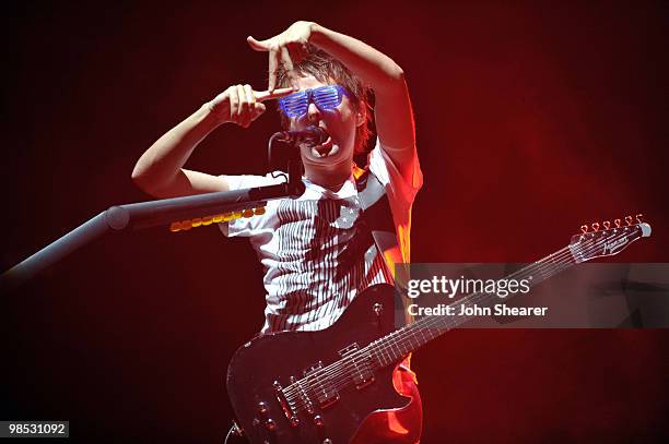 Musician Matthew Bellamy of Muse performs during Day 2 of the Coachella Valley Music & Art Festival 2010 held at the Empire Polo Club on April 17,...