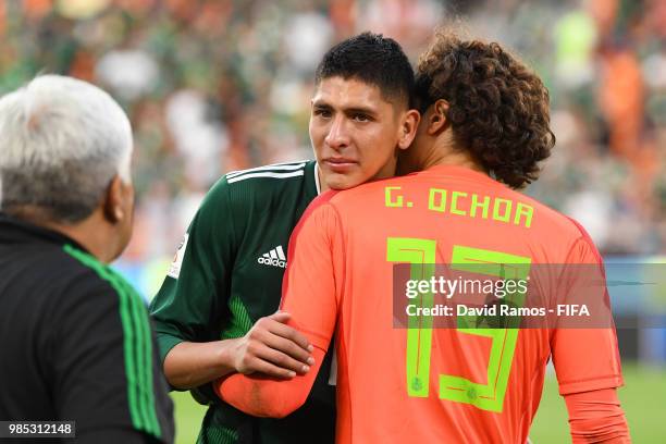 Guillermo Ochoa of Mexico consoles Edson Alvarez during the 2018 FIFA World Cup Russia group F match between Mexico and Sweden at Ekaterinburg Arena...