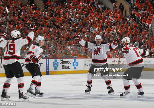 Brian Rolston of the New Jersey Devils scores at 7:15 of the first period against the Philadelphia Flyers in Game Three of the Eastern Conference...