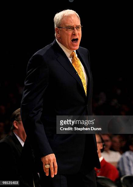 Head coach Phil Jackson of the Los Angeles Lakers shouts durng the action against the Oklahoma City Thunder during Game One of the Western Conference...