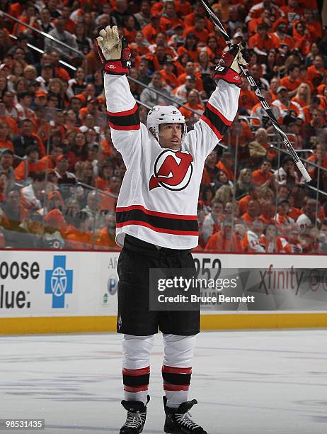 Brian Rolston of the New Jersey Devils scores at 7:15 of the first period against the Philadelphia Flyers in Game Three of the Eastern Conference...