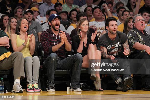 Adam Levine and Zachary Levi attend a game between the Oklahoma City Thunder and the Los Angeles Lakers at Staples Center on April 18, 2010 in Los...