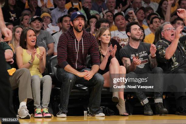 Adam Levine and Zachary Levi attend a game between the Oklahoma City Thunder and the Los Angeles Lakers at Staples Center on April 18, 2010 in Los...