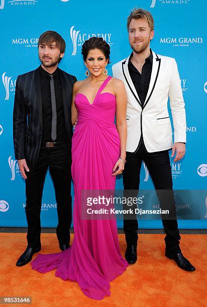 Musician Dave Haywood, singers Hillary Scott, and Charles Kelley of the band lady Antebellum arrive for the 45th Annual Academy of Country Music...