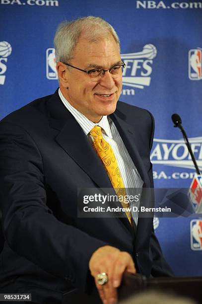 Head Coach Phil Jackson of the Los Angeles Lakers answers questions from the media following his team's victory over the Oklahoma City Thunder in...