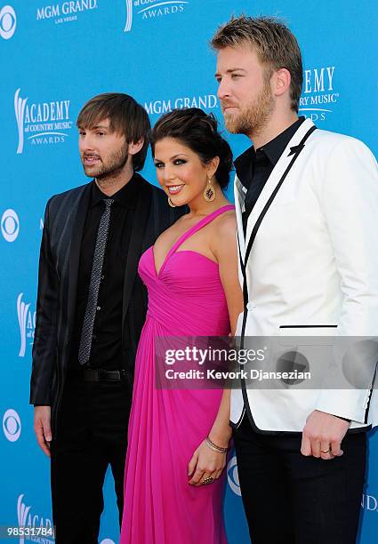 Musician Dave Haywood, singers Hillary Scott, and Charles Kelley of the band lady Antebellum arrive for the 45th Annual Academy of Country Music...