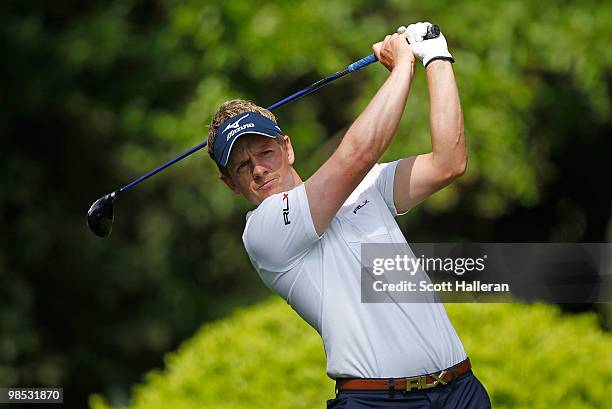 Luke Donald hits his tee shot on the 12th hole during the final round of the Verizon Heritage at the Harbour Town Golf Links on April 18, 2010 in...