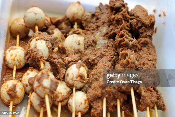 rendang puyuh egg & chicken satay from indonesia - chicken satay stock pictures, royalty-free photos & images