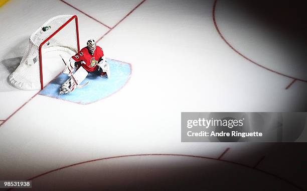 Brian Elliott of the Ottawa Senators stretches during player introductions prior to a game against the Pittsburgh Penguins in Game Three of the...