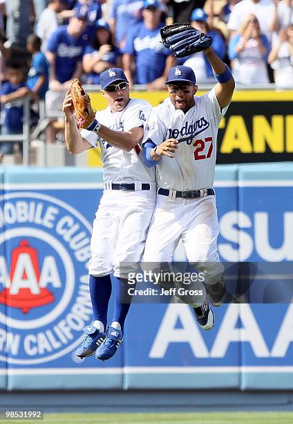 Reed Johnson and Matt Kemp of the Los Angeles Dodgers celebrate following the Dodgers' victory over the San Francisco Giants at Dodger Stadium on...