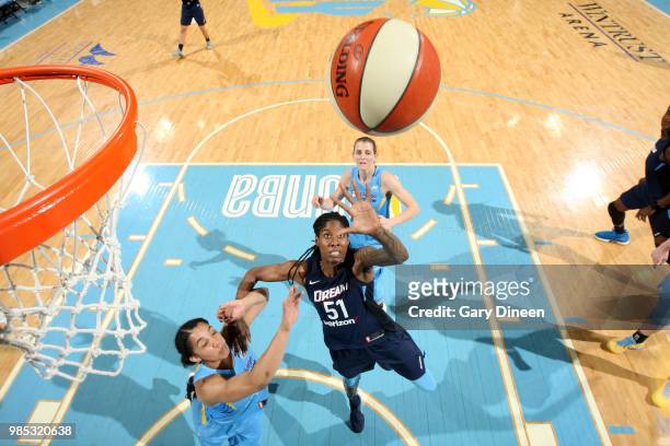 Jessica Breland of the Atlanta Dream goes for a rebound against the Chicago Sky on June 27, 2018 at Wintrust Arena in Chicago, Illinois. NOTE TO...