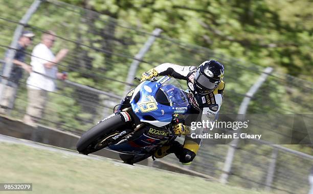 Blake Young , on the Suzuki, races to victory in the Sunday American Superbike race during the AMA Superbike Showdown at Road Atlanta on April 18,...