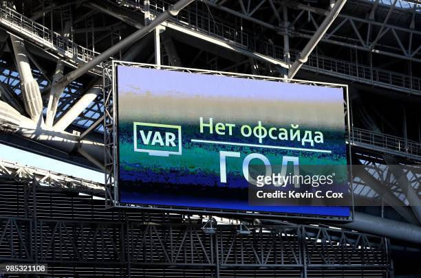 Big screen inside the stadium shows a VAR review has resulted in a Korea Republic goal thought to be offside, being overruled and awarded during the...