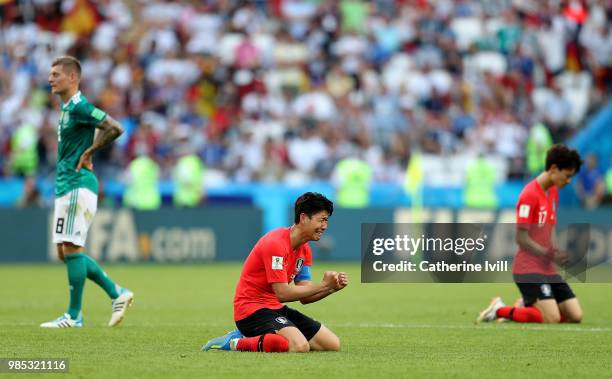 Son Heung-Min of Korea Republic sinks to his knees as he celebrates following his sides victory in the 2018 FIFA World Cup Russia group F match...