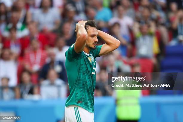 Mats Hummels of Germany reacts during the 2018 FIFA World Cup Russia group F match between Korea Republic and Germany at Kazan Arena on June 27, 2018...