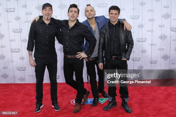 Hedley pose on CTV's Red Carpet at the 2010 Juno Awards at the Mile One Centre on April 18, 2010 in Saint John's, Canada.